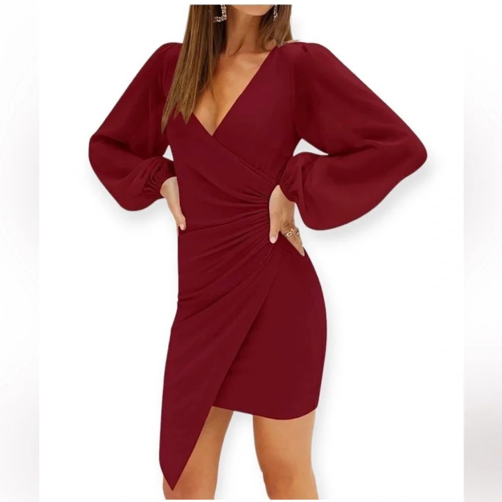 NWT Zesica Classic Fashion Collection Wrap Ruched Sheer Sleeve Midi Dress Size M